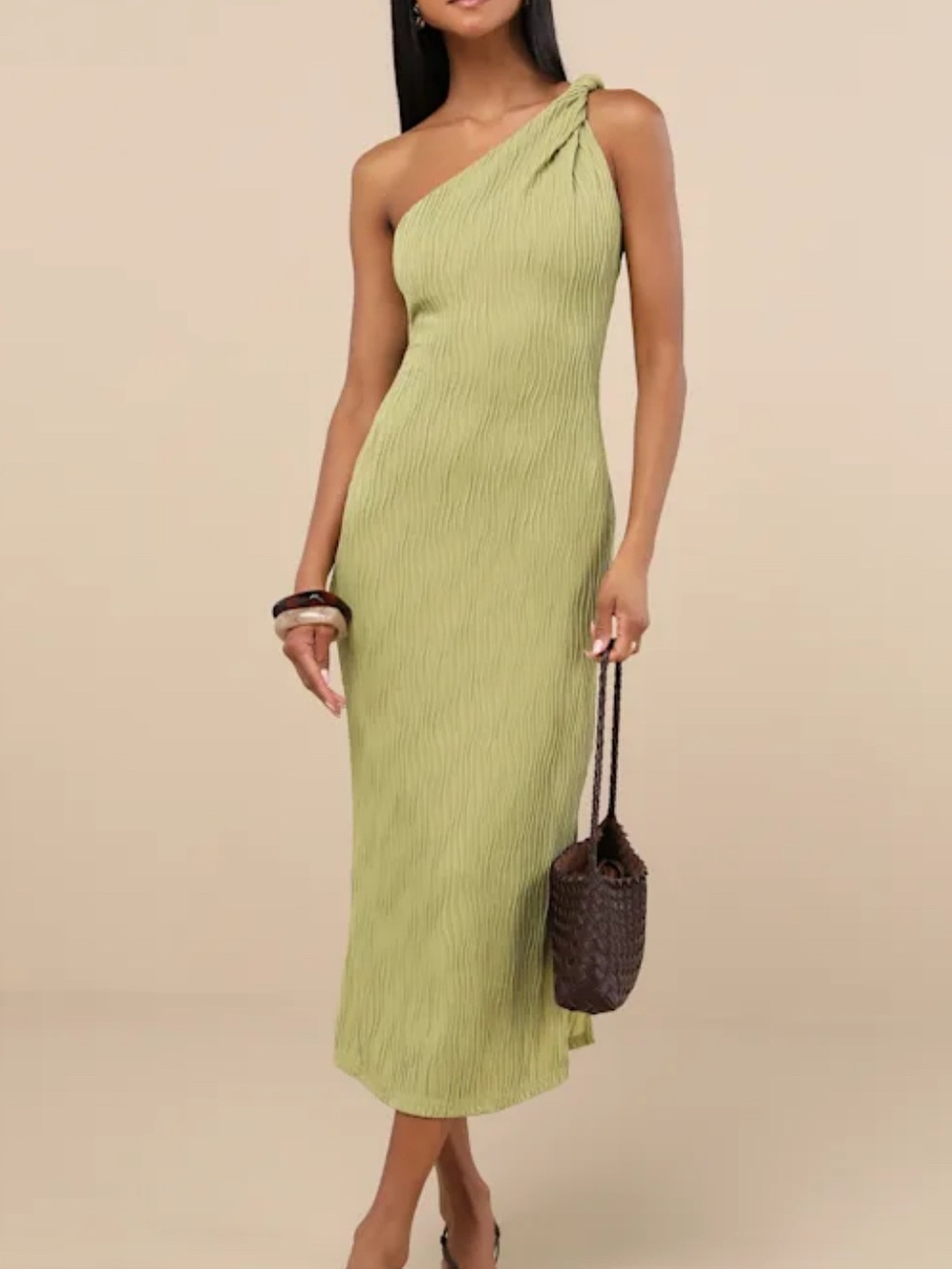 Lulu’s Aristea Light Green Textured One-Shoulder Midi Dress - Picture 1 of 8
